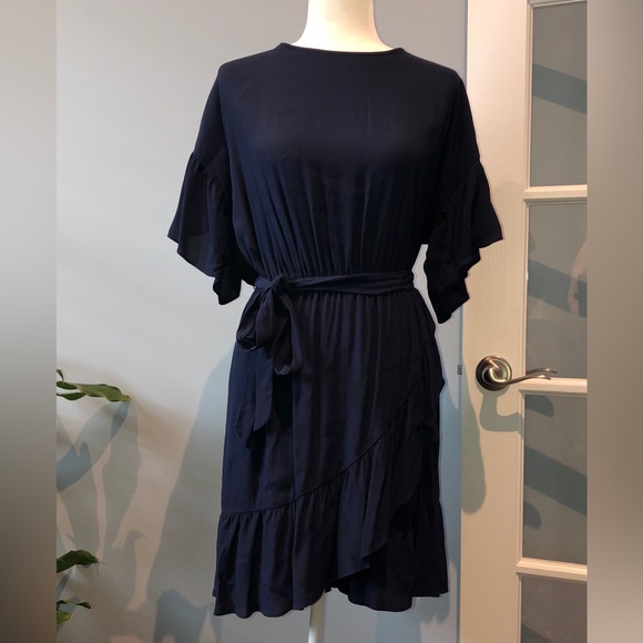 Navy Ruffle Trim Dress - Picture 1 of 4